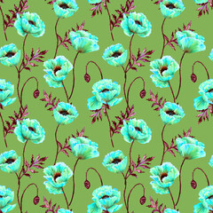 Floral seamless background. Pattern with beautiful watercolor flowers. Botanical hand drawn illustration. Texture for print, fabric, textile, wallpaper.