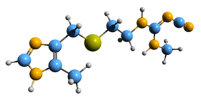 3D image of Cimetidine skeletal formula - molecular chemical structure of  histamine antagonist isolated on white background
