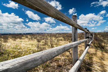 A wooden post and rail fence on natural grasslands on the Canadian prairies at Glenbow Ranch...
