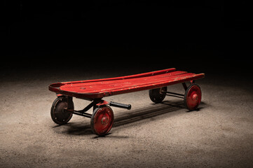 red sled wagon with wheel, vintage antique childs toy sled wagon