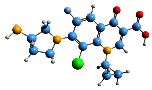 3D image of Clinafloxacin skeletal formula - molecular chemical structure of fluoroquinolone antibiotic isolated on white background
