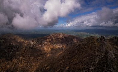 Mourne mountains from above with dramatic clouds around, Newry, Northern Ireland