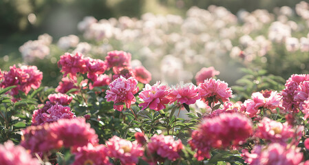 Pink and red peonies flower bloom on background of blurry white peonies in peonies garden.  © Natalia Shmatova