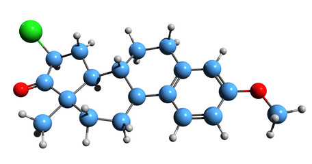 3D image of Clomestrone skeletal formula - molecular chemical structure of weak estrogen isolated on white background
