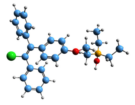  3D image of Clomifenoxide skeletal formula - molecular chemical structure of clomifene N-oxide isolated on white background
