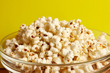 Large transparent bowl filled with popcorn.