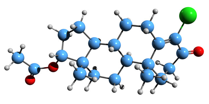  3D image of Clostebol acetate skeletal formula - molecular chemical structure of 4-CLTA isolated on white background
