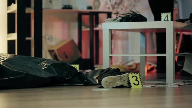 Body of maniac victim lying on floor, forensic experts examining crime scene