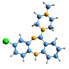 3D image of Clozapine skeletal formula - molecular chemical structure of  psychiatric medication isolated on white background
 - obrazy, fototapety, plakaty