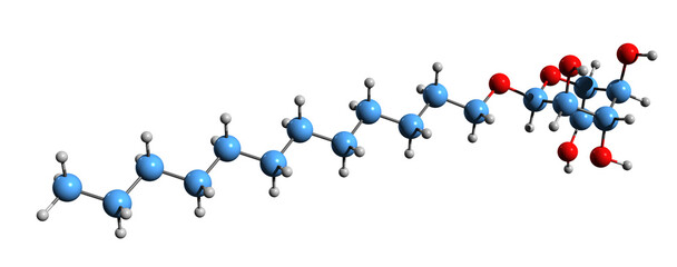 3D image of coco glucoside skeletal formula - molecular chemical structure of non-ionic surfactant isolated on white background
