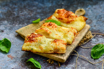   Italian  Focaccia  four cheese with crispy crust   Full 72 hour pizza dough   fermentation   method. Roman style pizza slice 