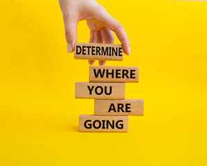 Determination symbol. Wooden blocks with words Determine where you are going. Beautiful yellow background. Businessman hand. Business and Determine where you are going concept. Copy space.