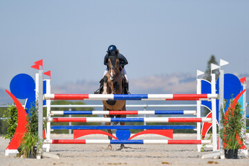 The rider on horseback overcomes the obstacle during the equestrian event