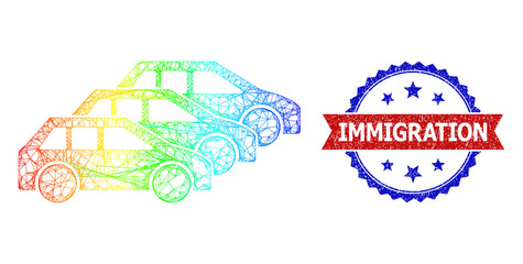 Net car traffic wireframe illustration with spectrum gradient, and bicolor dirty Immigration stamp. Red stamp seal contains Immigration tag inside blue rosette. Vibrant carcass net car traffic icon.