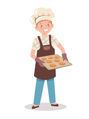 Little chef. Child is holding a oven tray with homemade cookies. Cartoon boy in a chef's hat and apron bakes pastry. Vector illustration in flat style isolated on a white background.