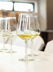 Different types of glasses for wine on table. Wine glasses with white wine and empty. Still life concept. Blurred background.