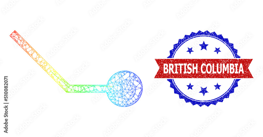 Poster network circuit link model icon with spectral gradient, and bicolor scratched british columbia seal.