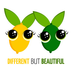 Different and beautiful. Funny cute citrus romantic character quotes. Love friendship inspiration motivation slogans