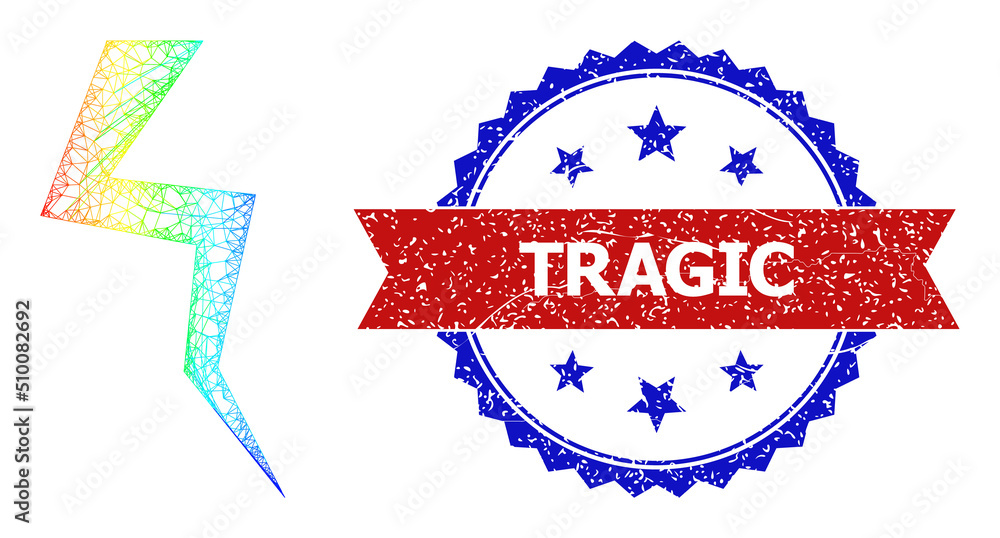Poster mesh net crack frame icon with spectrum gradient, and bicolor scratched tragic seal stamp. red stamp
