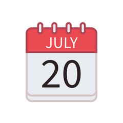 Calendar icon of 20 July. Date and month. Flat vector illustration..