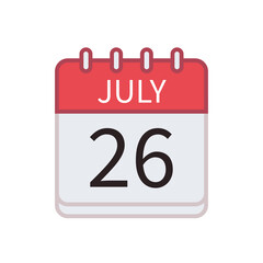Calendar icon of 26 July. Date and month. Flat vector illustration..