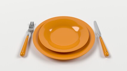 Orange plate. Table setting. 3D render.