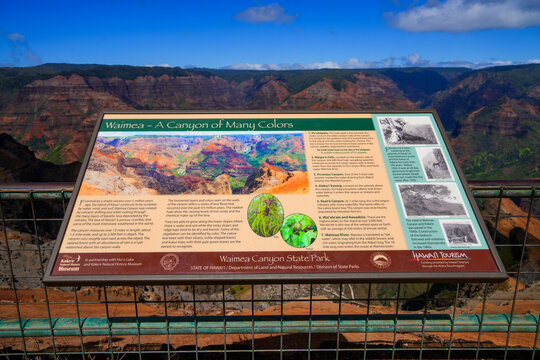 Tourist information board sign in the Waimea Canyon State Park on Kauai island, Hawaii