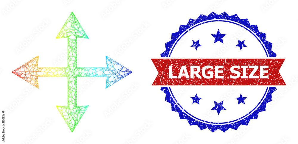 Poster net enlarge arrows carcass icon with spectrum gradient, and bicolor textured large size seal stamp. 