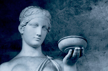 Statue of Hebe 'Goddess of Youth' Reproduction version, Face detail perspective, Hand Holding Bowl, Eyes looking into Copy Space