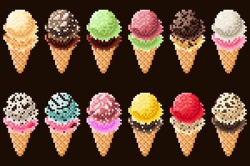 Ice cream cone pixel art set. Vector illustration.