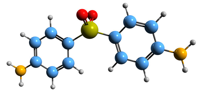 3D image of Dapsone skeletal formula - molecular chemical structure of diaminodiphenyl sulfone isolated on white background
