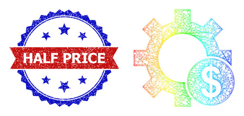 Crossing mesh gear price framework icon with spectrum gradient, and bicolor dirty Half Price seal stamp. Red stamp seal has Half Price text inside blue rosette. Colored frame mesh gear price icon.