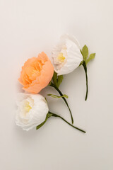 Hand made crepe paper peonies on white background flat lay vertical. Paper peony DIY concept