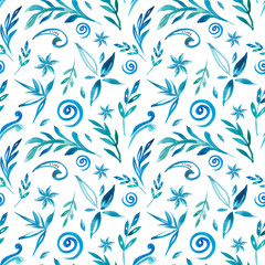 Fototapeta na wymiar Watercolor seamless blue pattern - floral, botanical with flowers and leaves