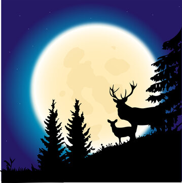 Art & Illustration, moon , stencil ,night ,deer ,landscape , tree , silhouette , night, moon, sky, landscape, tree, silhouette, nature, halloween, stars, dark, vector, star, illustration, blue, light