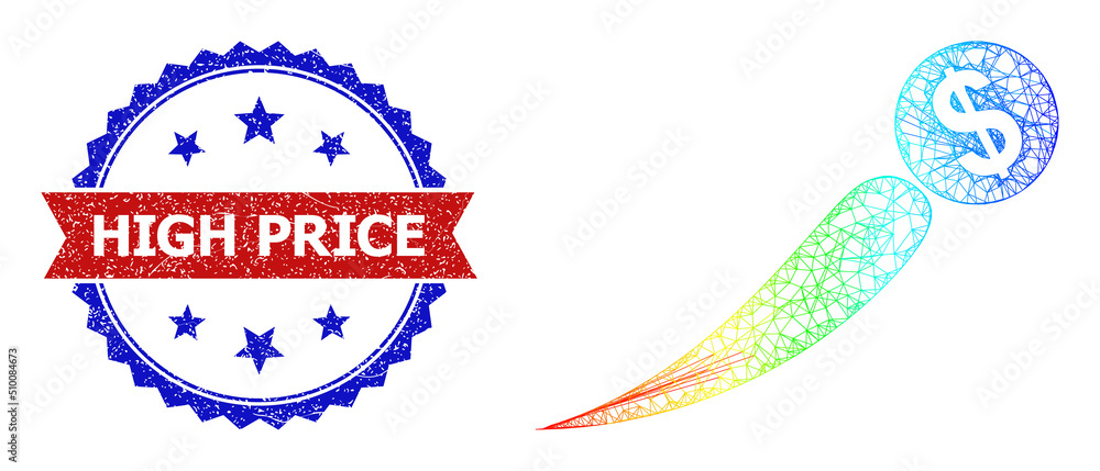Poster mesh net growing price frame icon with spectrum gradient, and bicolor textured high price seal stamp