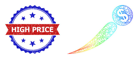 Mesh net growing price frame icon with spectrum gradient, and bicolor textured High Price seal stamp. Red stamp seal has High Price title inside blue rosette. Vibrant carcass net growing price icon.