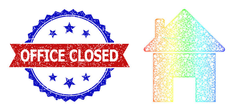 Network house frame icon with rainbow gradient, and bicolor grunge Office Closed watermark. Red stamp seal contains Office Closed title inside blue rosette. Colorful carcass network house icon.