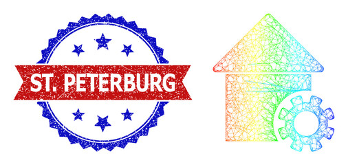 Net mesh house options framework illustration with spectral gradient, and bicolor textured St. Peterburg seal stamp. Red stamp seal has St. Peterburg text inside blue rosette.