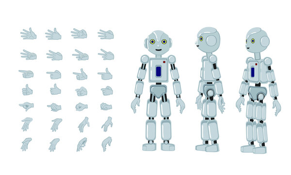 Robot. Side, front and three-quarter view. Hand animation.