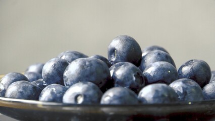 wild blueberries. Ecological product. Good for your health. Wild berry. Ingredient for jam. Berries on a glass saucer. Close-up. 