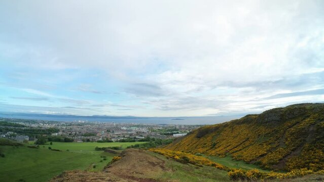 EDINBURGH, SCOTLAND, UK - MAY 31, 2022: Ultra-wide view on Whinny hill covered with gorse in yellow bloom and Edinburgh city at cloudy morning. 4K, Binaural audio