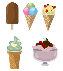 Various types of ice cream , in a glass, on a stick, in a saucer  