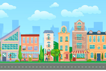 City street. Panoramic cityscape with bright houses, walking pedestrians. Shop and stores. Summer city. Vector illustration in cartoon style.