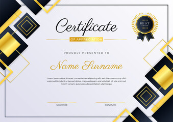 Black and gold certificate of achievement template with gold badge and border