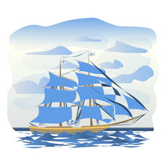 Large two-masted sailing ship at sea. Brig in cartoon style. Big waves. Vector seascape.