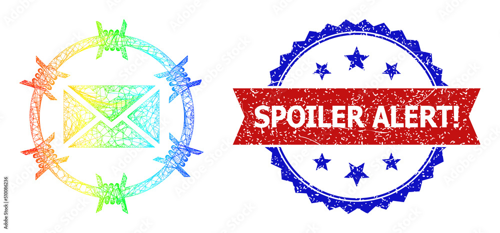 Aufkleber mesh net mail arrest wireframe icon with spectral gradient, and bicolor grunge spoiler alert. seal s