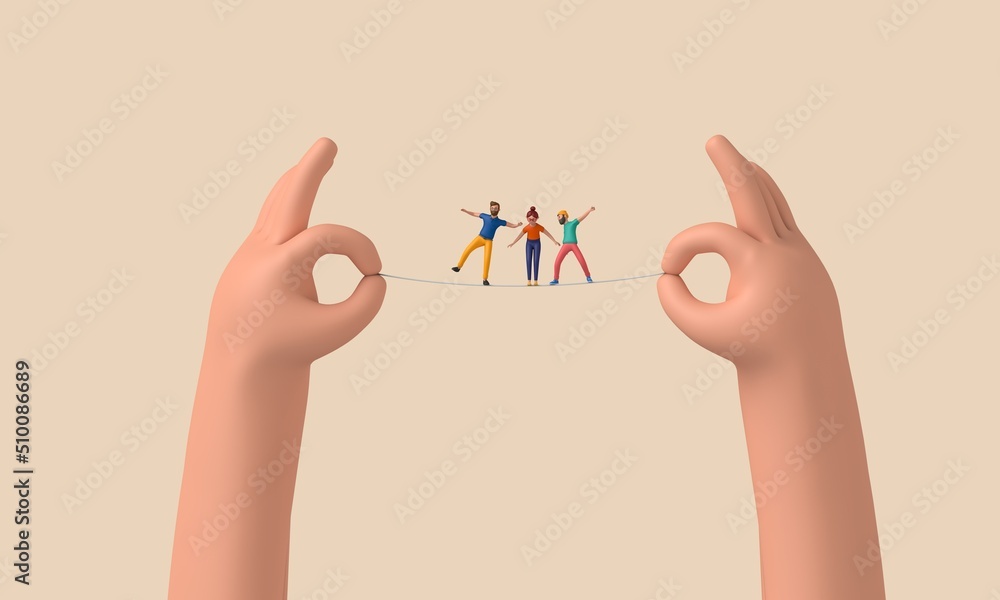 Poster person balancing on a tightrope held between two hands. 3d rendering