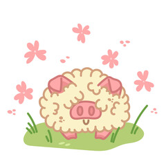 Fluffy pig. Kawaii character on green lawn. Fantasy animal with flowers. Vector illustration isolated on white background.