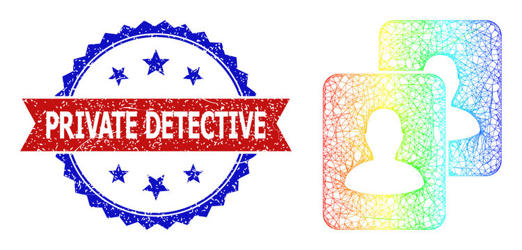 Network man photos carcass icon with spectrum gradient, and bicolor textured Private Detective seal stamp. Red stamp contains Private Detective title inside blue rosette.